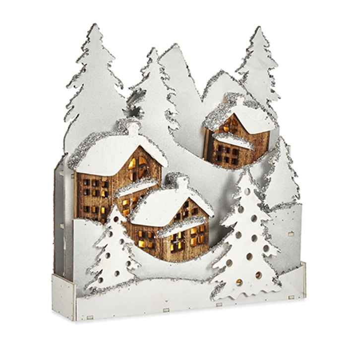 Figura pueblo de madera blanca con árbol de purpurina.