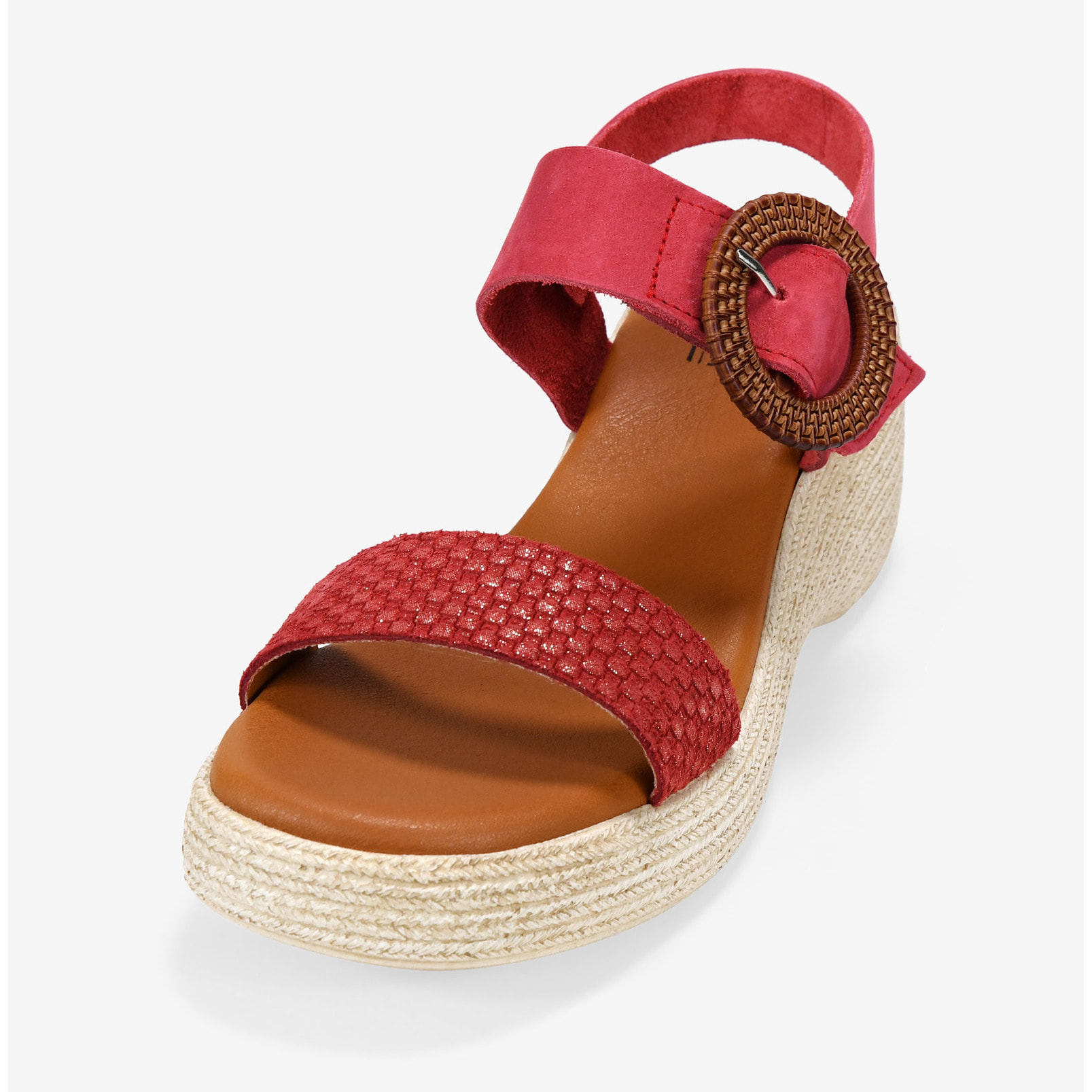 Sandalias rojas en piel con cuña y hebilla