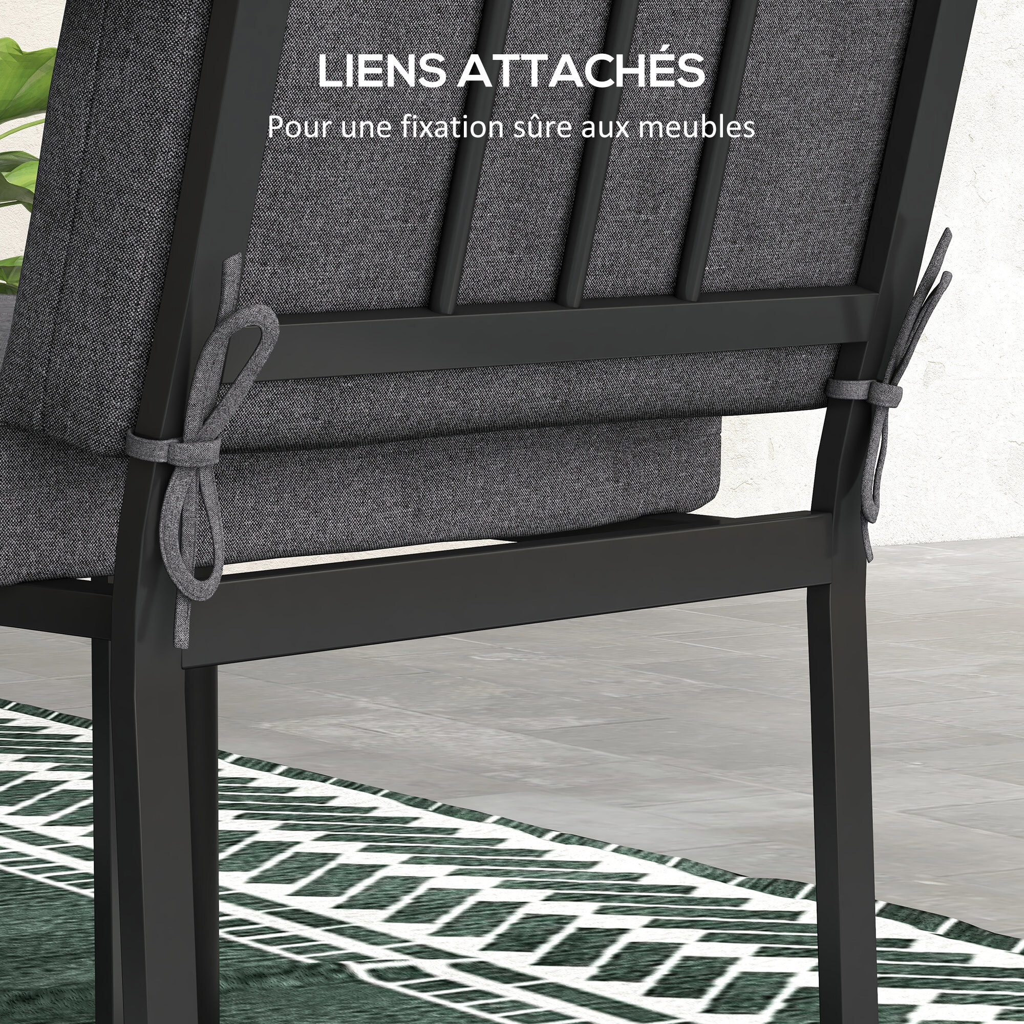 Lot de 2 coussins galettes de chaise de jardin - dim. 112L x 51l x ép. 8 cm - cordons attache - polyester déperlant anthracite