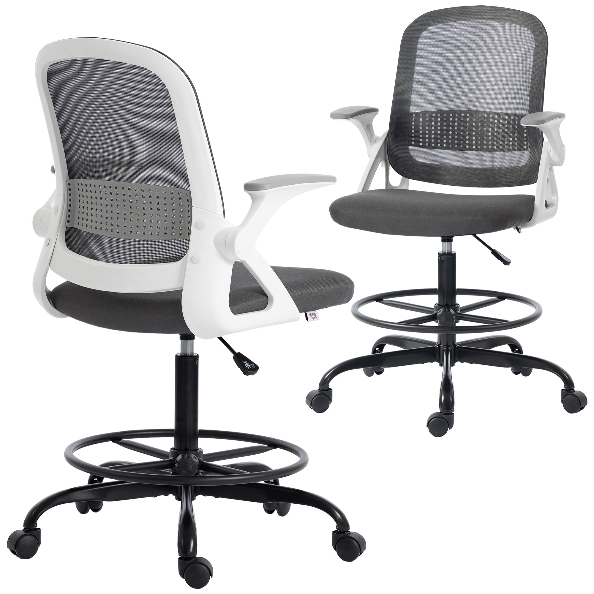 Silla de Escritorio de Malla, Silla de Dibujo con Reposabrazos Abatibles, Altura Ajustable, Soporte Lumbar, Reposapiés, Ruedas Giratorias para Oficina, Estudio, Gris