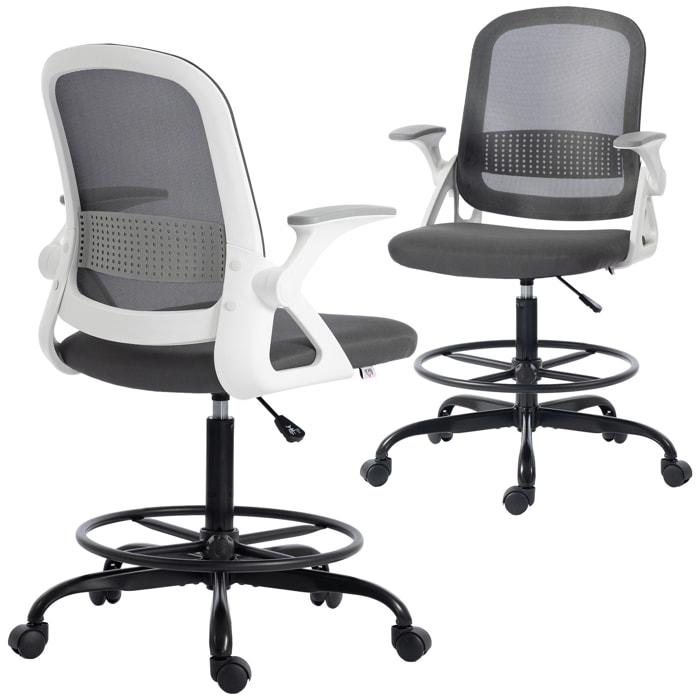 Silla de Escritorio de Malla, Silla de Dibujo con Reposabrazos Abatibles, Altura Ajustable, Soporte Lumbar, Reposapiés, Ruedas Giratorias para Oficina, Estudio, Gris