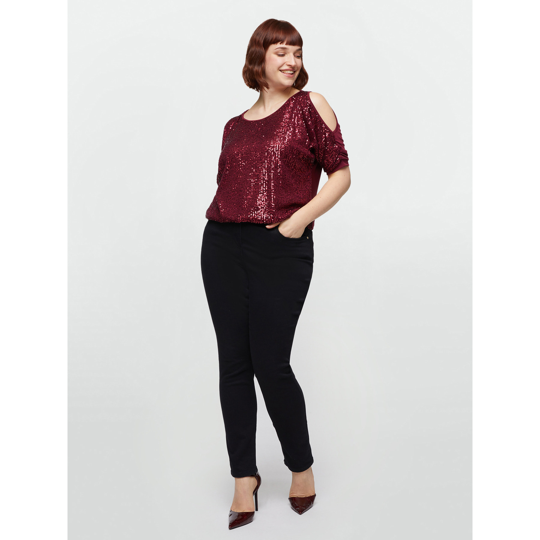 Fiorella Rubino - Camiseta con frente de lentejuelas - Burgundy