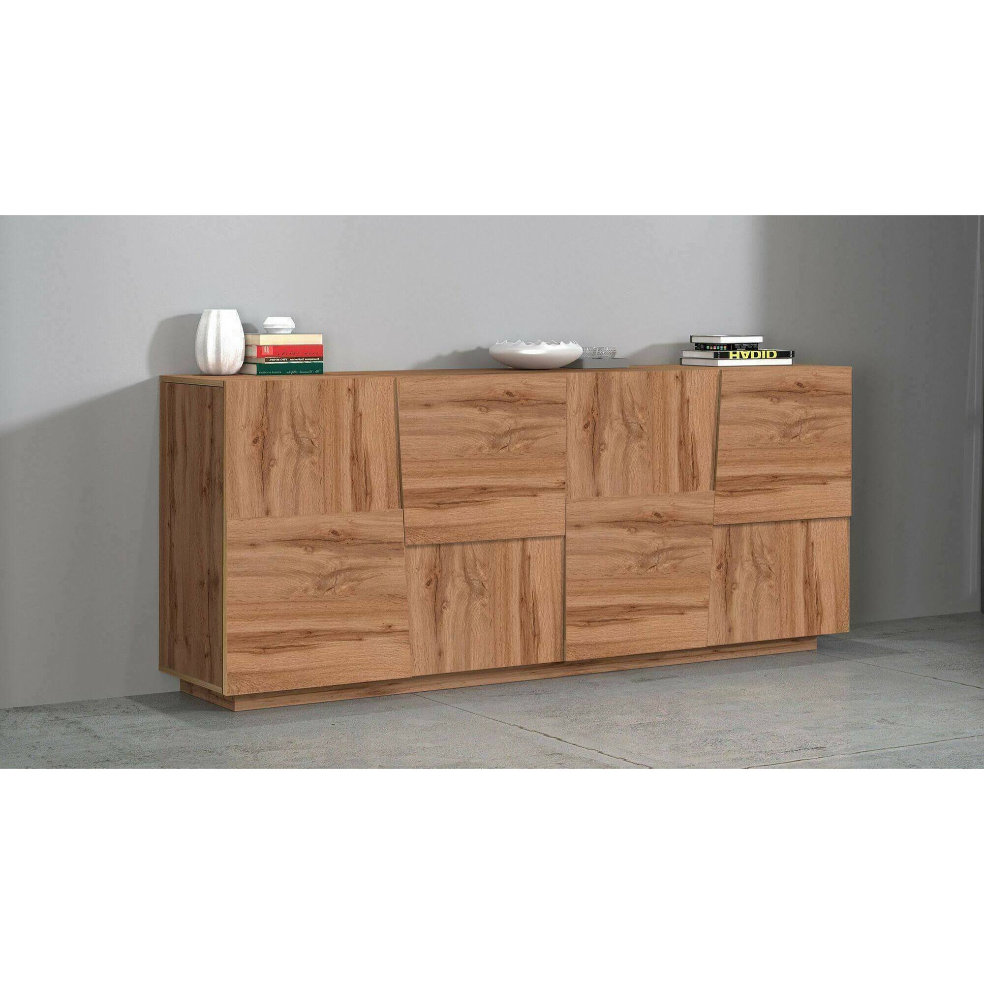 Credenza Ddambrosi, Buffet da soggiorno, Madia da salotto moderna con 4 ante, 200x44h86 cm, Rovere