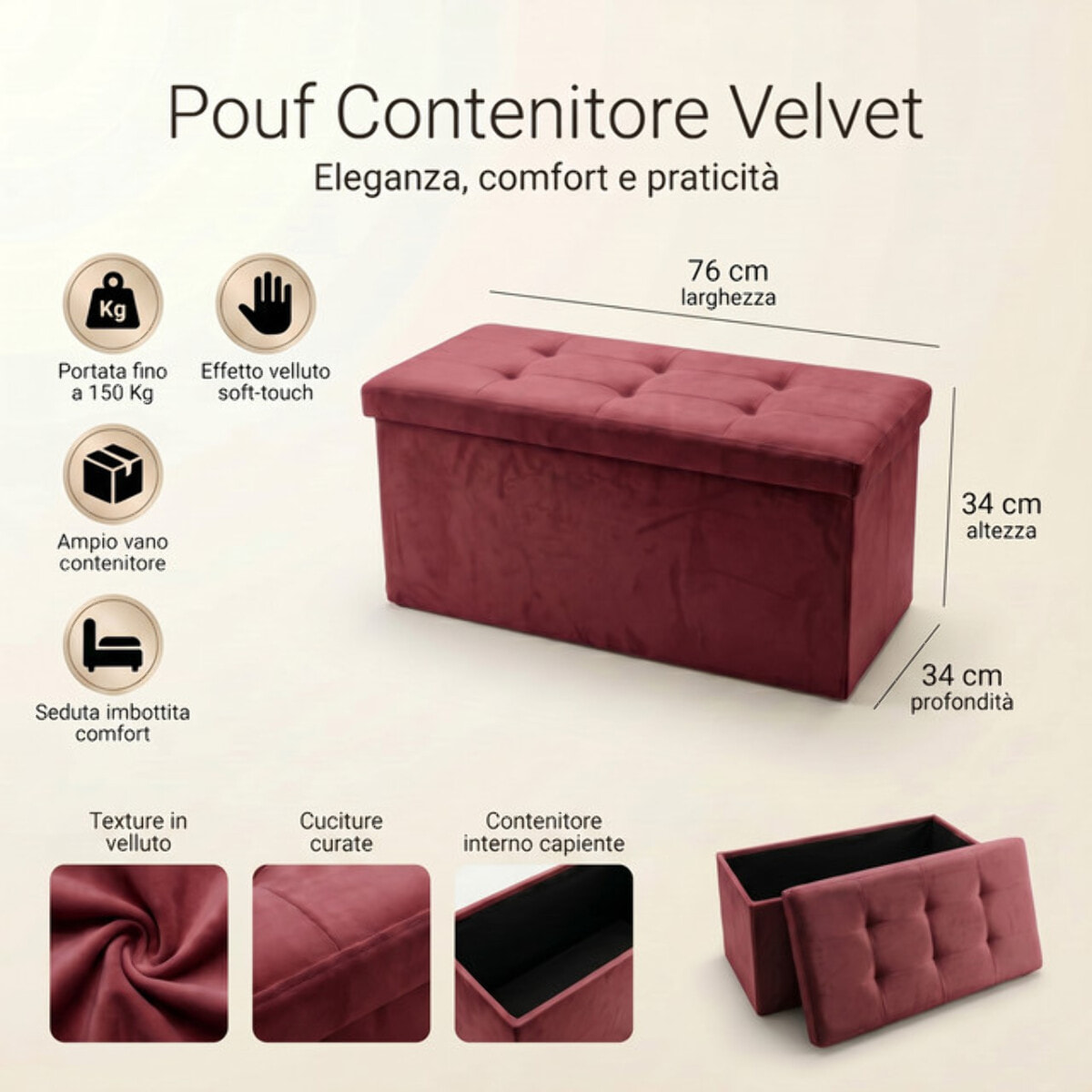 Pouf contenitore in velluto 76x34x34 cm, panca pieghevole con vano capiente, seduta imbottita trapuntata resistente fino a 150 kg, design elegante Double Velvet, salvaspazio ideale per camera soggiorno ingresso e fondo lett