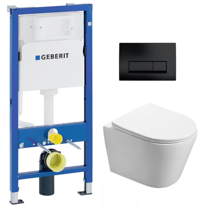 Pack WC sans bride Infinitio, fixations invisibles + Abattant softclose slim + Bâti support Geberit UP100 + Plaque Noir mat