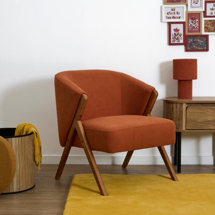 Fauteuil - HOME DECO FACTORY - Jules - Côtelé - Confortable - Terracotta