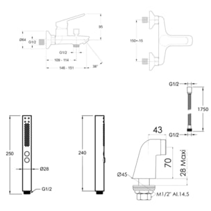 Mitigeur baignoire Aimé + pommeau de douche Shift+ carré + flexible de douche métal + colonnettes