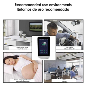 Monitor de calidad de aire para interior. Pantalla color LCD, reloj, termómetro, higrómetro.