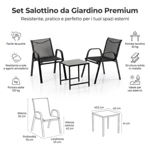 Salotto da giardino in ferro zincato con 2 sedie e tavolino con vetro temperato, set outdoor resistente verniciato a polvere, ideale per balcone terrazzo e giardino, design compatto e moderno, facile da pulire e durevole per esterno