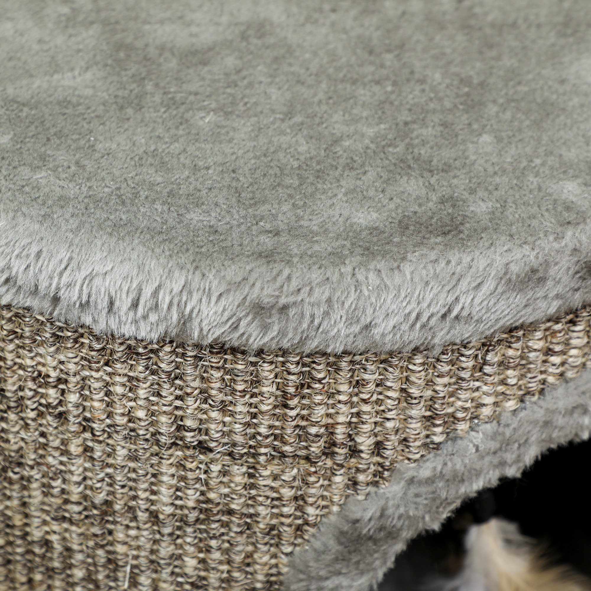 Casa para Gatos 3 en 1 Taburete, Reposapiés, Cama para Gatos con Rascador, Patas de Madera y Pluma Colgante, Cueva para Interior, 36x36x38 cm, Gris