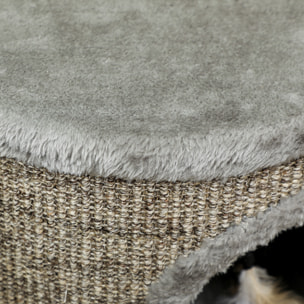 Casa para Gatos 3 en 1 Taburete, Reposapiés, Cama para Gatos con Rascador, Patas de Madera y Pluma Colgante, Cueva para Interior, 36x36x38 cm, Gris