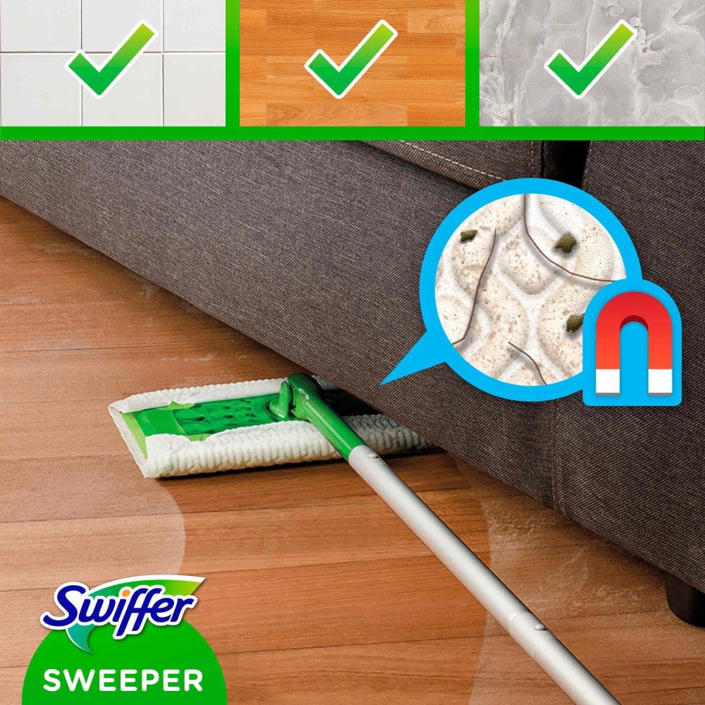 Kit de démarrage Swiffer Dry & Wet : Balai, 8 Lingettes Sèches Et 3 Lingettes Humides