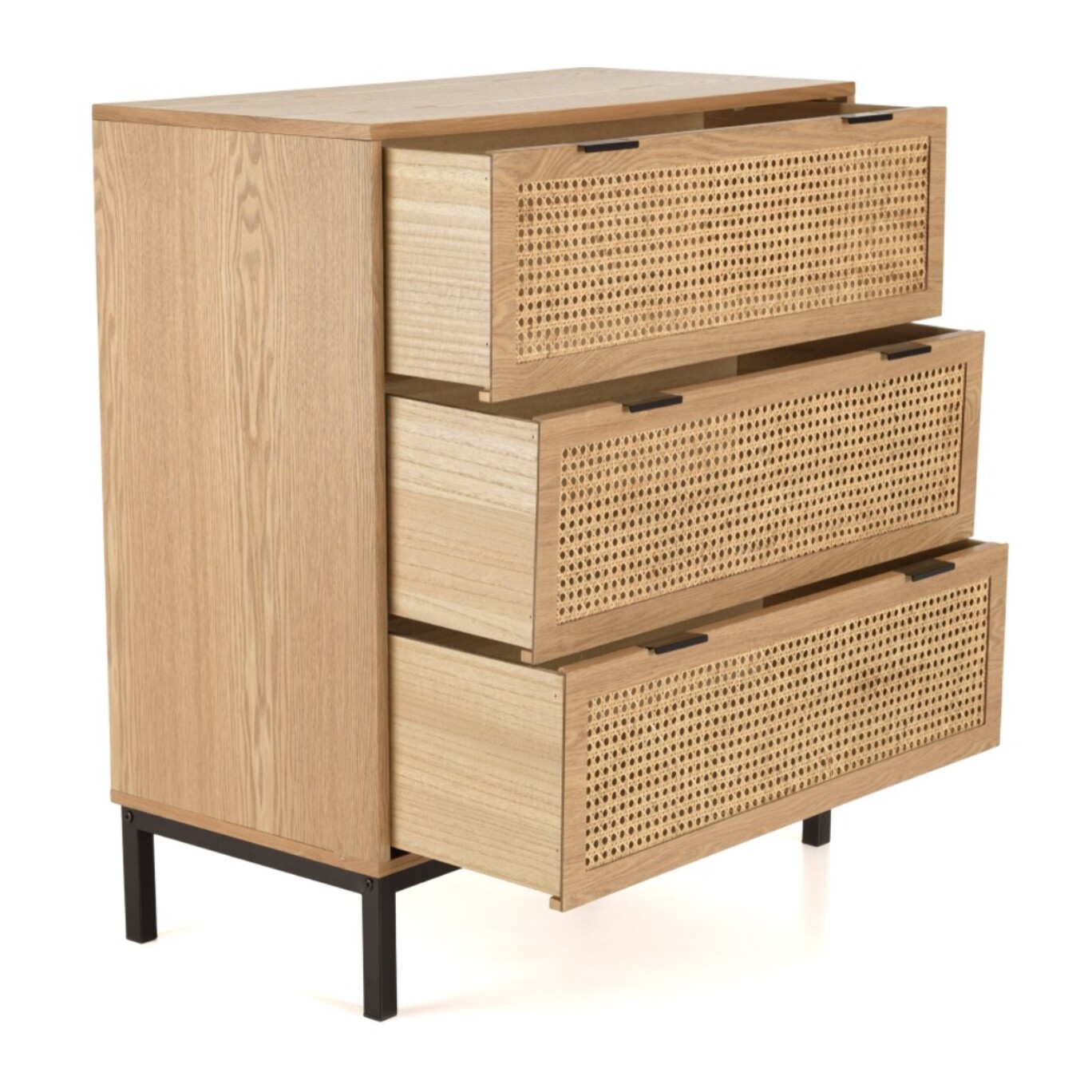 MARCEAU - Commode 3 tiroirs cannage naturel pieds métal noir