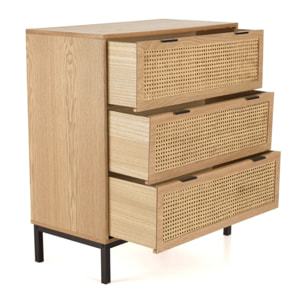 MARCEAU - Commode 3 tiroirs cannage naturel pieds métal noir