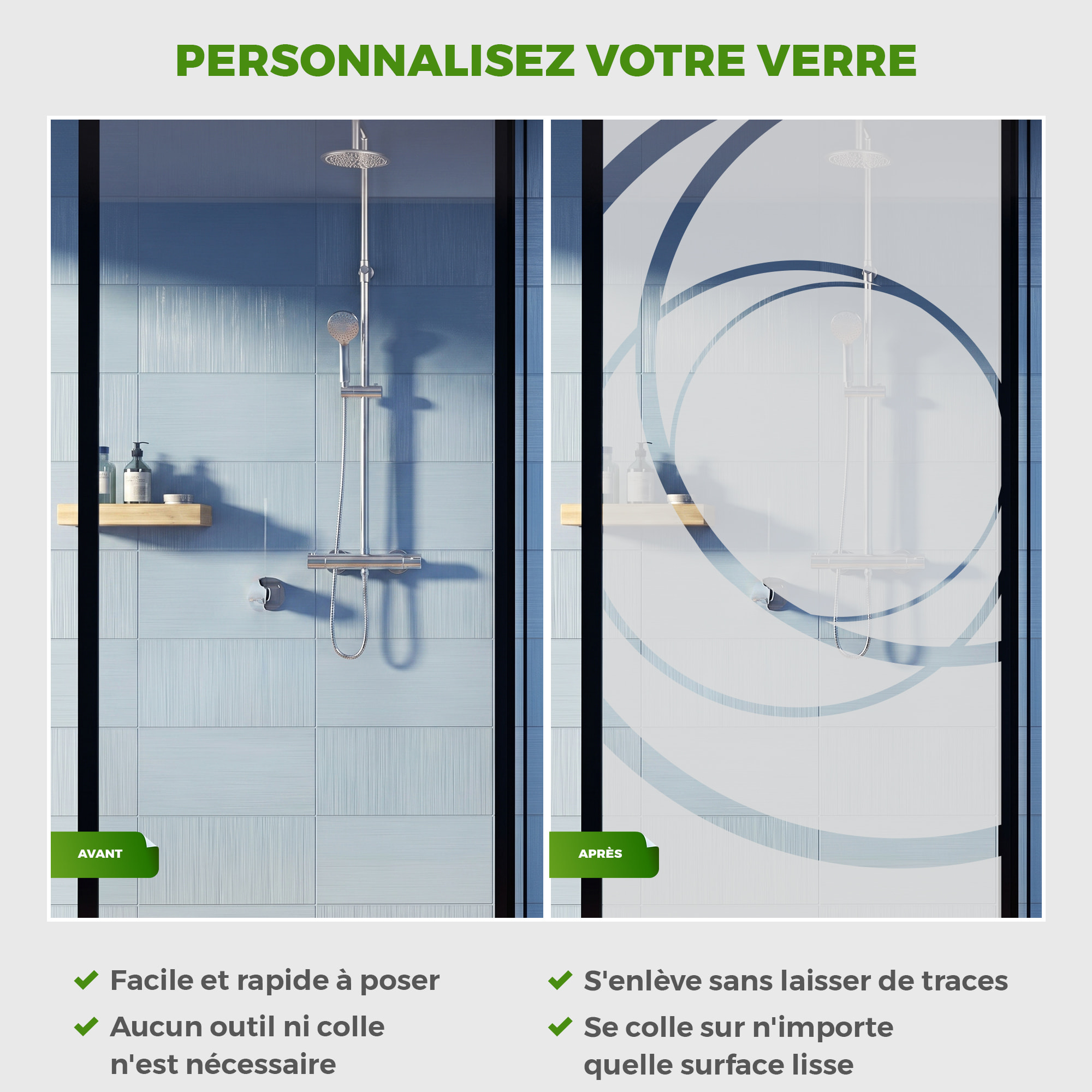 Film Fenêtre Anti Regard Occultant - COURBES DESIGN - Stickers Autocollant Brise-Vue pour Vitre & Porte de Douche