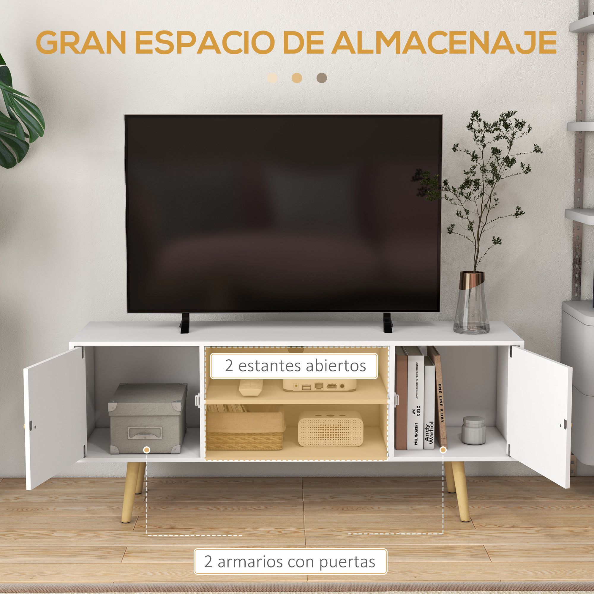 HOMCOM Mueble de TV de Salón Mesa para TV con 2 Puertas 2 Estantes de Almacenamiento para Televisores de hasta 55 Pulgadas para Dormitorio 120x34x50 cm Blanco