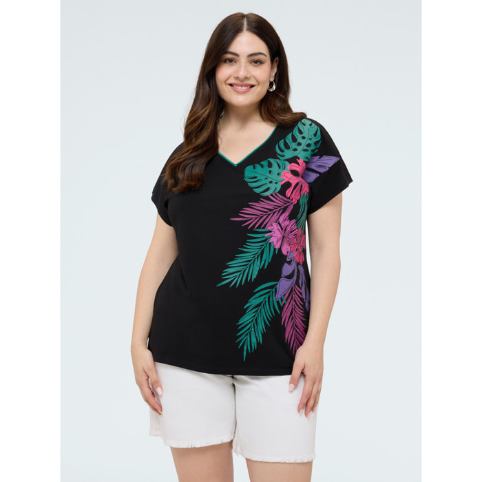 Fiorella Rubino - Camiseta de algodón con estampado tropical - Negro