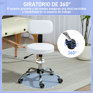 Taburete con Ruedas Giratorio, Taburete de Trabajo con Respaldo Desmontable, Altura Regulable, Tapizado en Cuero Sintético, para Oficina, Dormitorio, Blanco