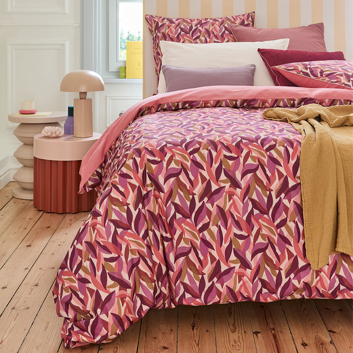 Taie d'oreiller imprimée en percale de coton, LEAVES, Rose foncé
