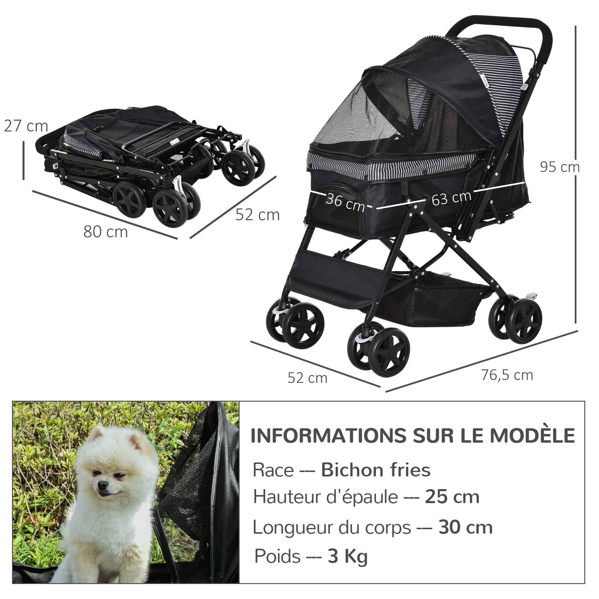 Poussette buggy pliable chien chat panier et sac de rangement attaches sécurité housse réglable poignée réglable acier Oxford noir