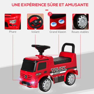 Voiture porteur enfant camion licence Mercedes-Benz Antos 12-36 mois coffre effets lumineux sonores rouge