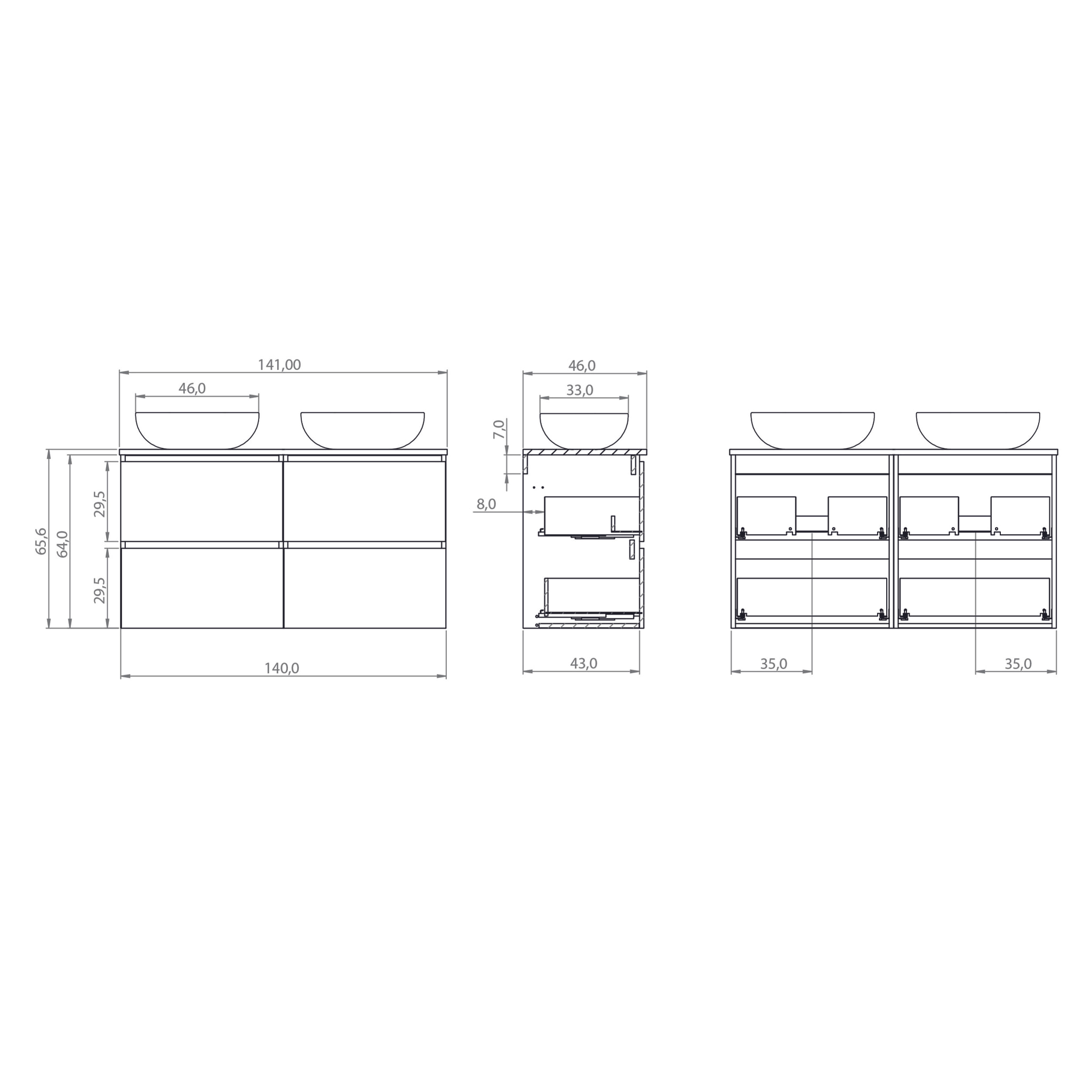 Conjunto de Baño Kaji | Mueble de Baño Suspendido | 140 cm Negro | Cuatro Cajones | Lavabo sobre Encimera | No incluye Espejo | Alday