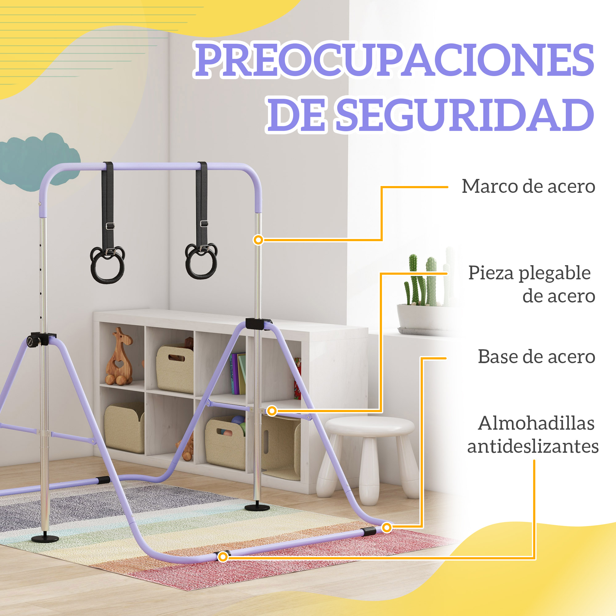 Barra de Gimnasia para Niños con Altura Ajustable en 5 Niveles y Anillos, Barra de Entrenamiento de Gimnasia Plegable en Casa, Púrpura