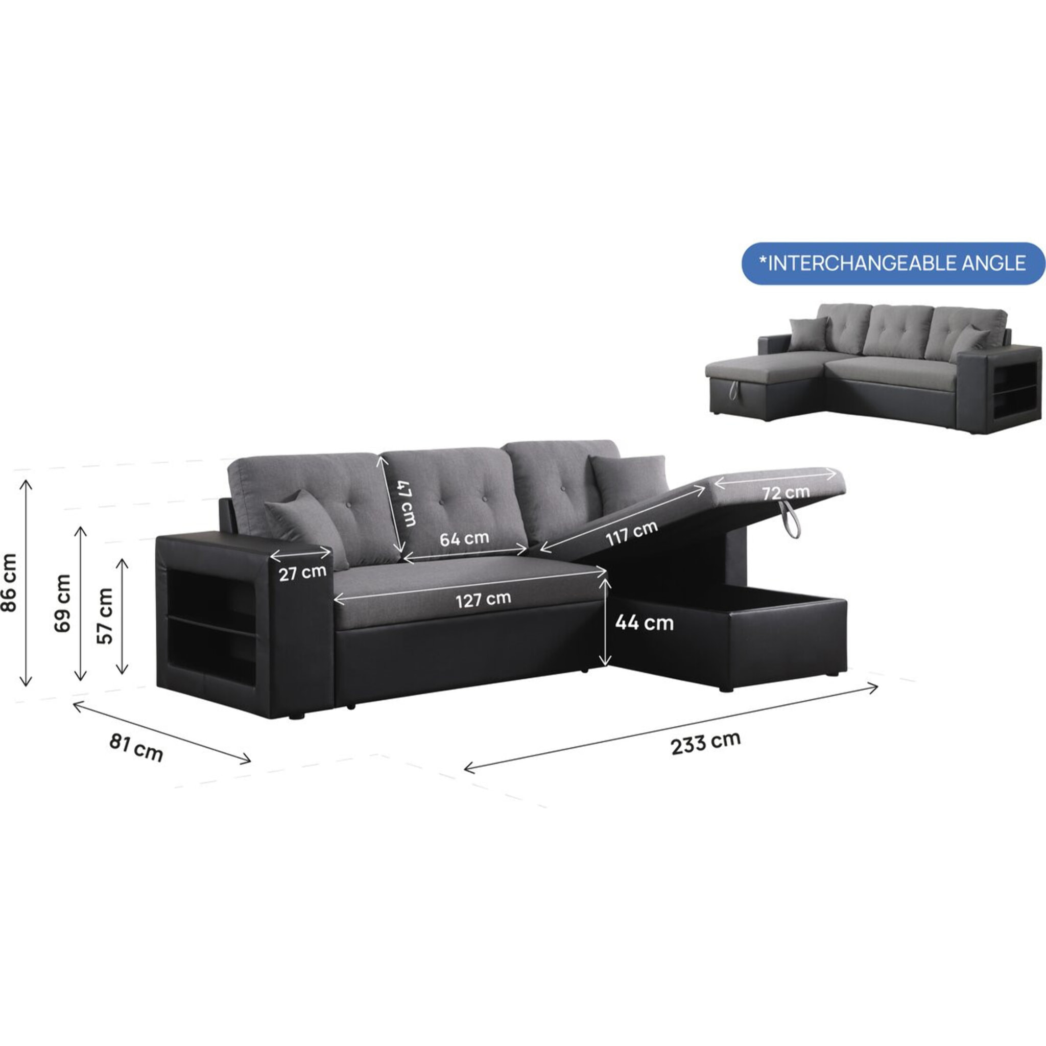 Canapé d'angle convertible/réversible "Axel" - 3 places - Noir/Gris
