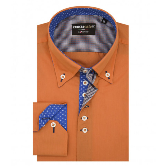 Camicia Uomo 2 Bottoni Button Down 7 Bottoni Slim Cotone Poliestere Unito arancio