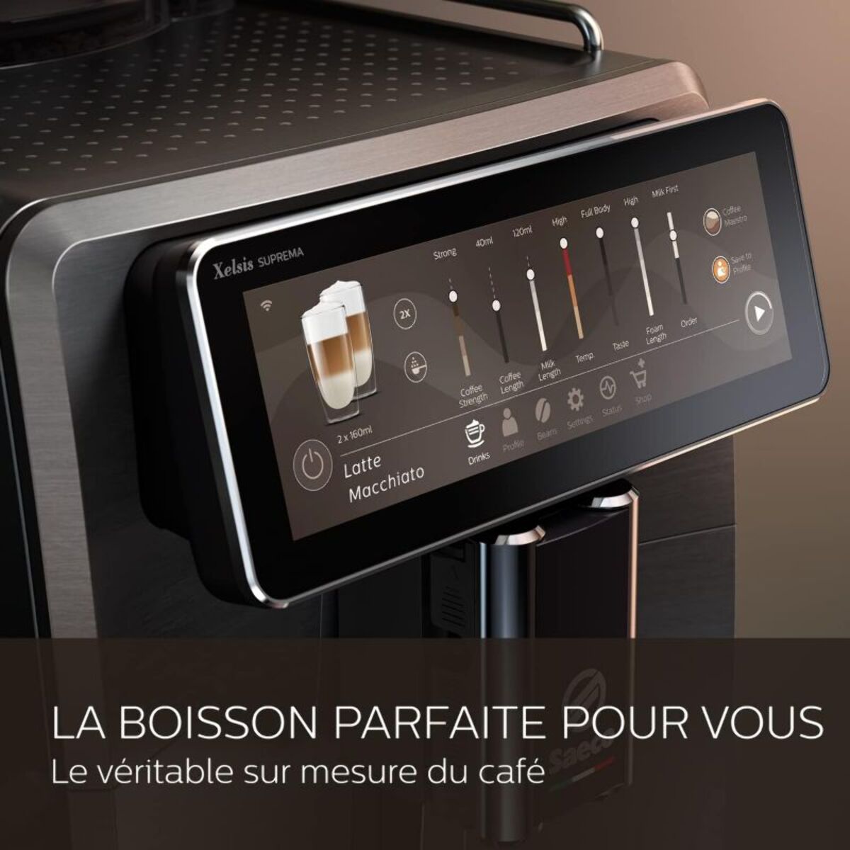 Expresso Broyeur SAECO SM8889 Cafetière à grain Xelsis Supréma en métal, connectée, avec carafe à lait