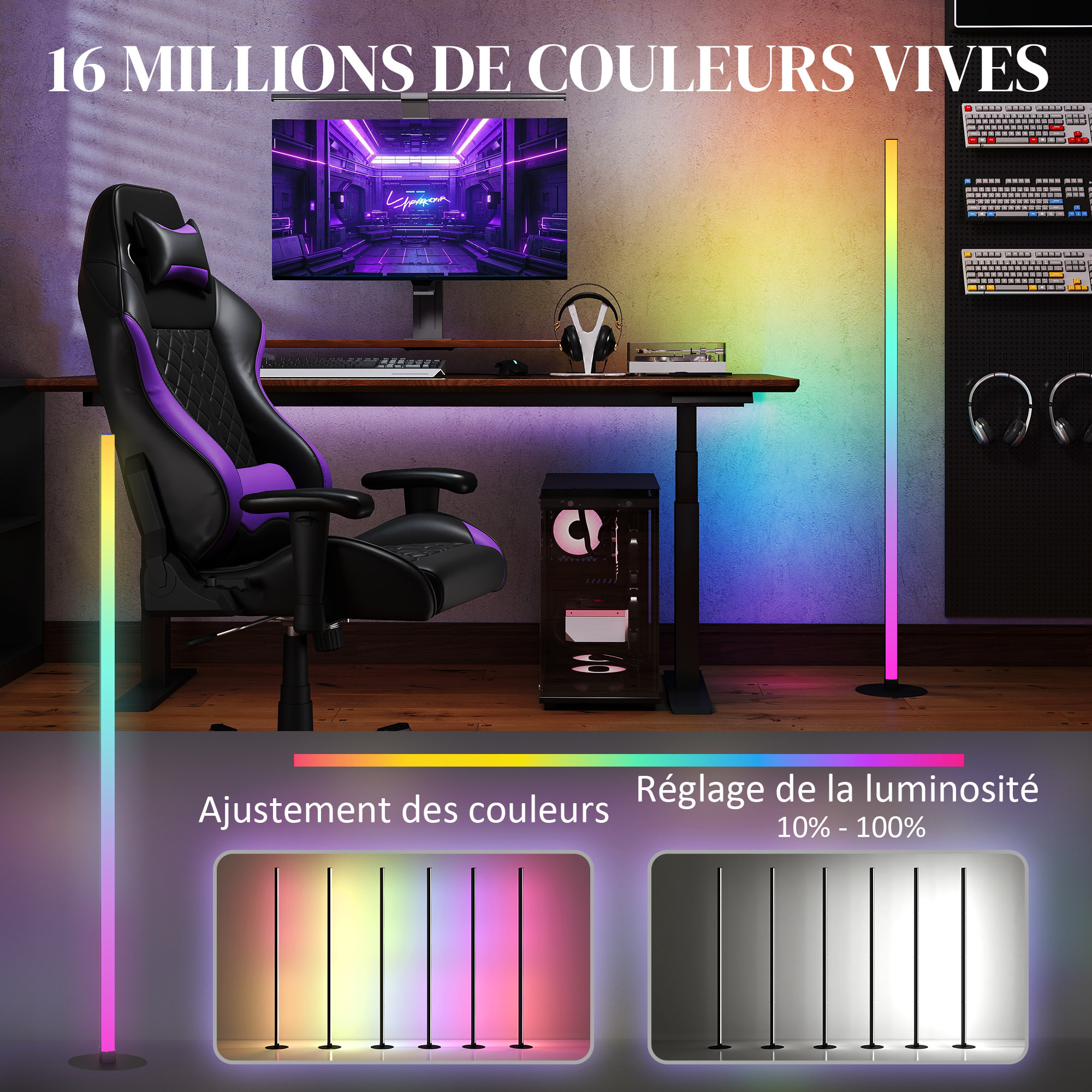 Lampadaire LED RGBIC 16 millions de couleurs avec contrôle APP et télécommande - musique sync, modes de scène et timer