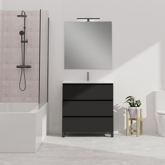 Ensemble De Salle De Bain Wink | 90 Cm Noir Mat | 3 Tiroirs | Vasque Ceramique | N'Inclut Pas Miroir | Mueble Montado | Alday