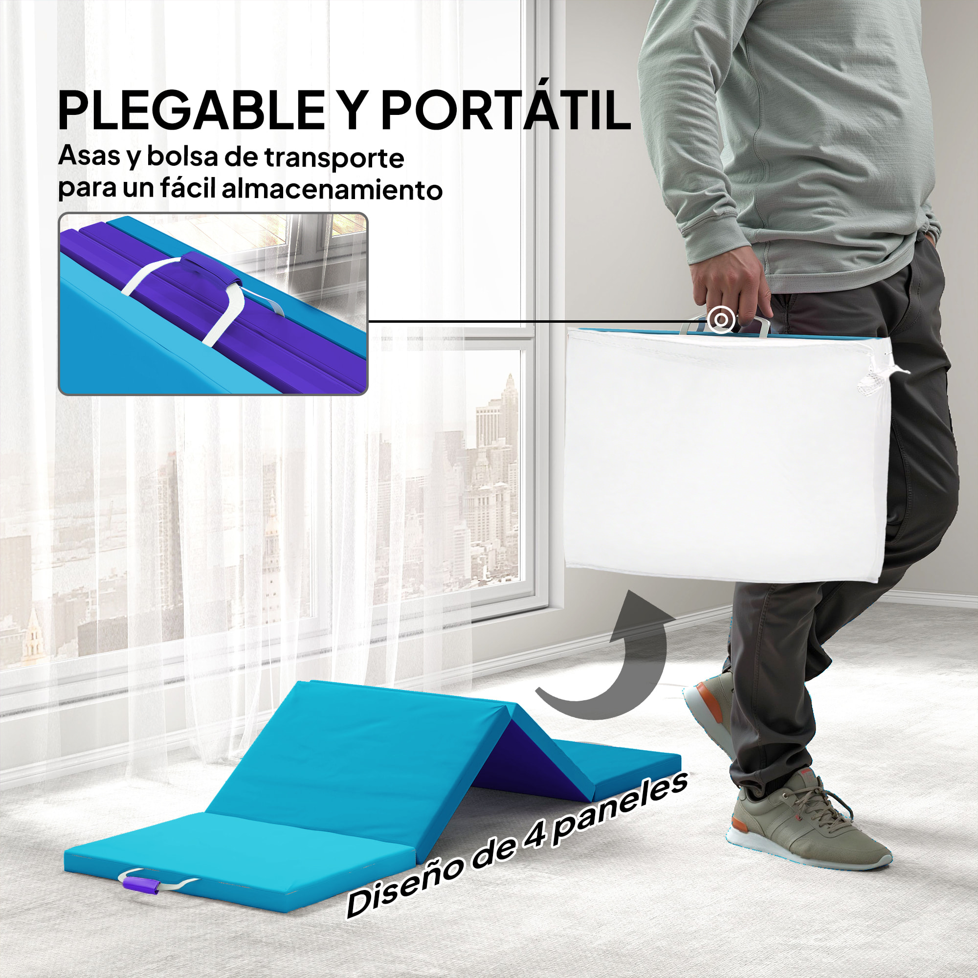Colchoneta Gimnasia Plegable de Grosor de 5 cm, Tapete de Ejercicio con Asas de Transporte, Bolsa, Esterilla de Gimnasia para Yoga, Aeróbic, Artes Marciales, Azul Claro y Morado Oscuro