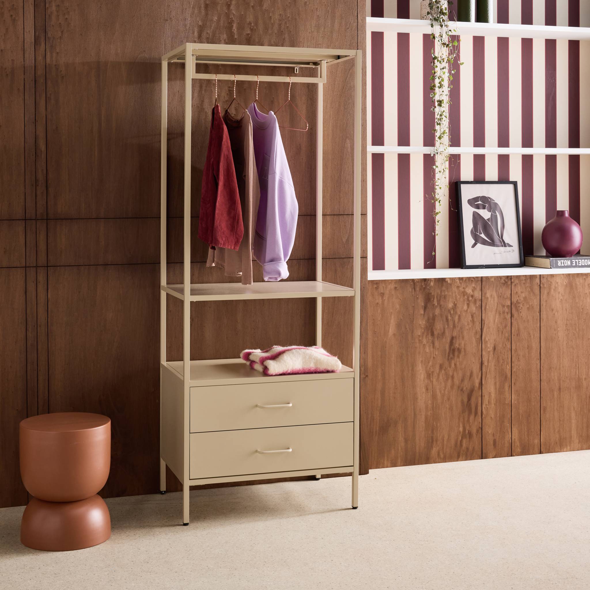 Meuble d'entrée, porte manteau métal avec penderie et 2 tiroirs IDAHO