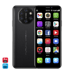 DAM Smartphone Mini S10i 4G, Android, 3GB RAM + 64GB. Schermo da 3,46''. Doppia scheda SIM. 4,5x1,2x10,2 centimetri. Colore nero