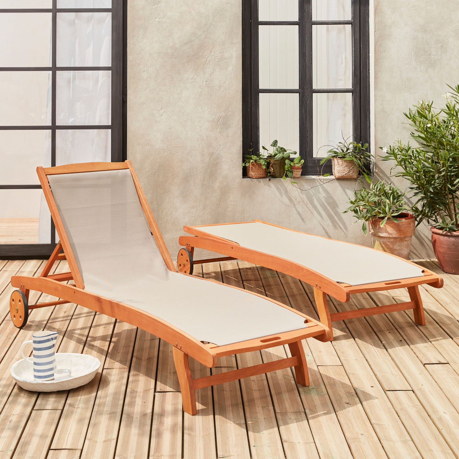 Bain de soleil bois d'eucalyptus multi positions avec roulettes (lot de 2) MARBELLA