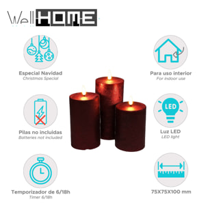set de 3 velas led en color rojo de superficie rústica