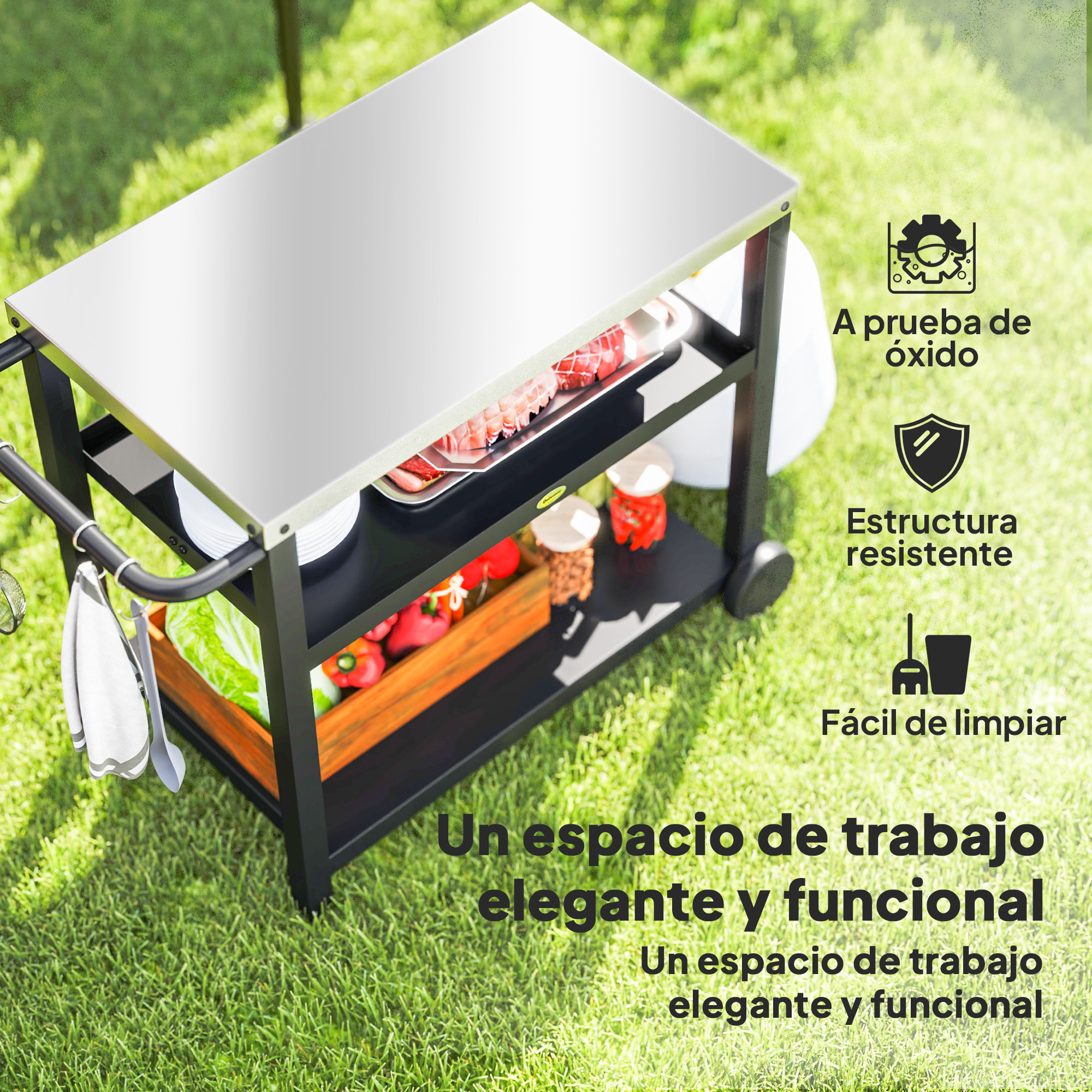 Carrito de Parrilla de 3 Niveles Carrito de Barbacoa Carro de Servicio con 2 Ruedas Estantes Encimera de Acero Inoxidable y Asa Mesa de Horno de Pizza para Jardín Patio Gris Carbón