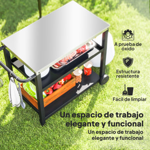 Carrito de Parrilla de 3 Niveles Carrito de Barbacoa Carro de Servicio con 2 Ruedas Estantes Encimera de Acero Inoxidable y Asa Mesa de Horno de Pizza para Jardín Patio Gris Carbón