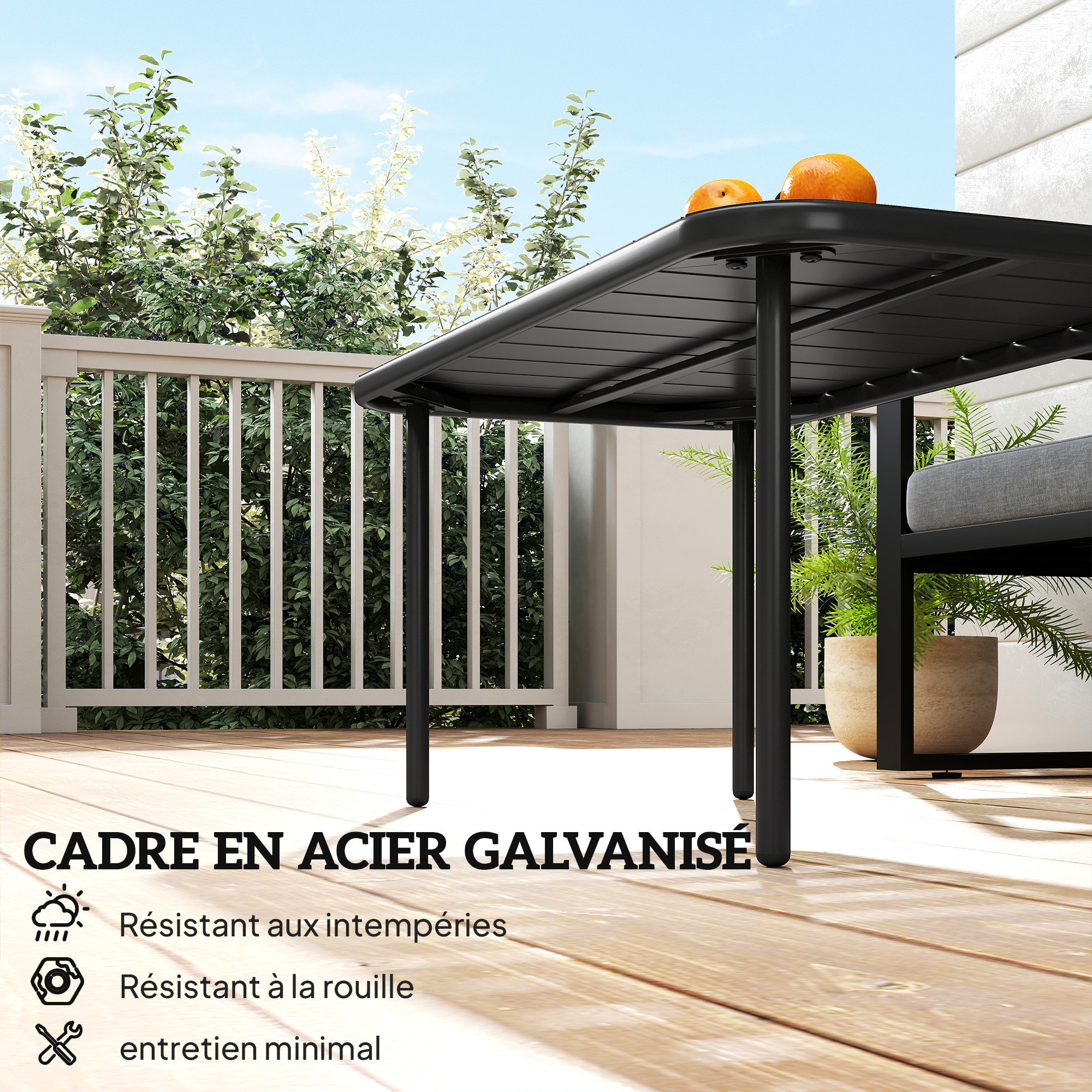 Table basse de jardin style néo-rétro rectangulaire arrondie métal noir