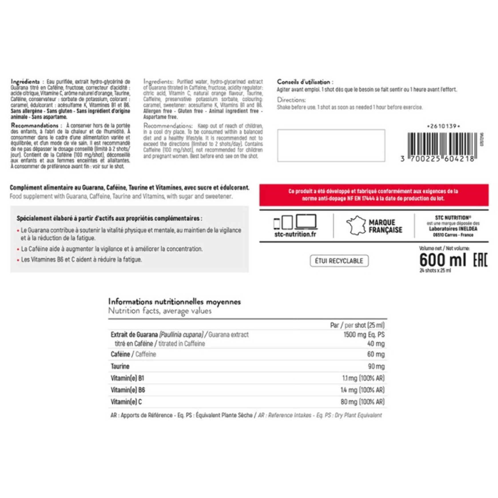 STC NUTRITION - Guarana Shot - Complément alimentaire à base de Guarana, Caféine, Taurine et vitamines - Aide à réduire la fatigue et améliorer la concentration - Lot de 10 flacons unidoses