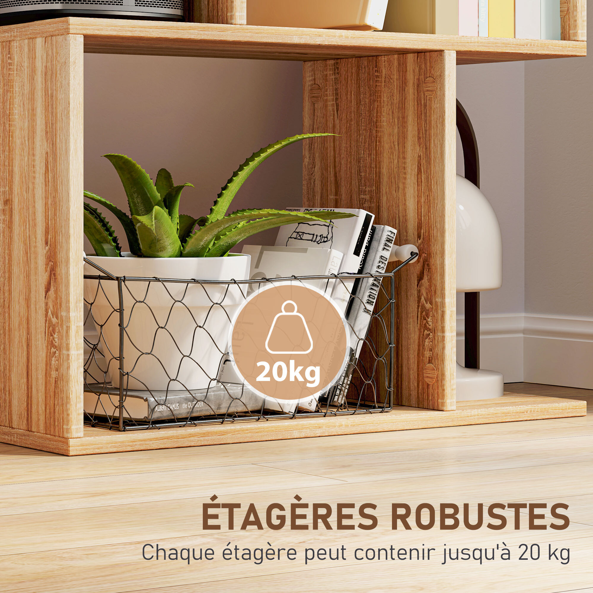 Bibliothèque étagère meuble de rangement design contemporain en S 5 étagères 60L x 24l x 185H cm effet bois clair