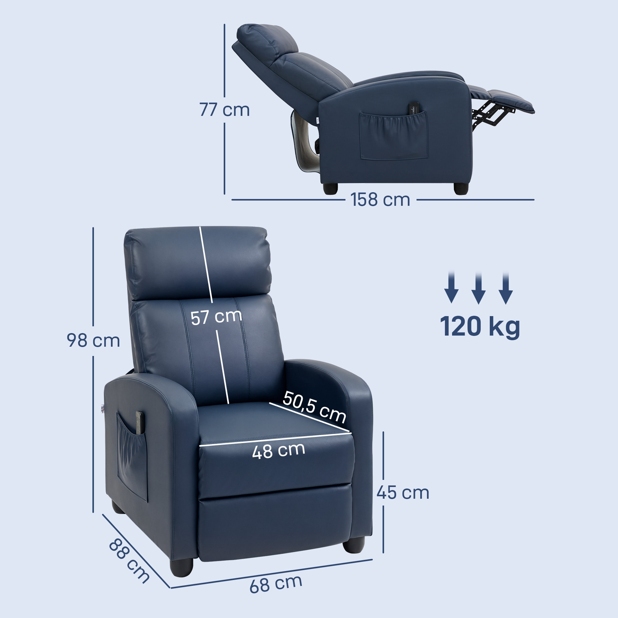 Sillón de Masaje Sillón Relax Reclinable con Mando a Distancia 2 Zonas de Masaje 8 Programas 5 Niveles de Intensidad 1 Bolsillo Lateral y Temporizador Tapizado en PU 68x88x98 cm Azul Oscuro