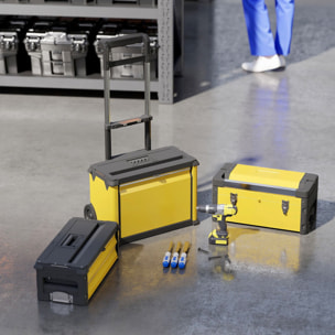 Tallar Móvil Apilable 3 en 1 Caja de Herramientas con Ruedas Carro de Herramientas de Acero con Bandeja Mango Telescópico Amarillo y Negro