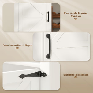 Aparador de Cocina con Botellero, Aparador con 2 Puertas de Granero, Estantes Ajustables y Soporte para Copas, para 9 Botellas, Buffet Auxiliar de Cocina para Comedor, Salón 120x37x88 cm Blanco