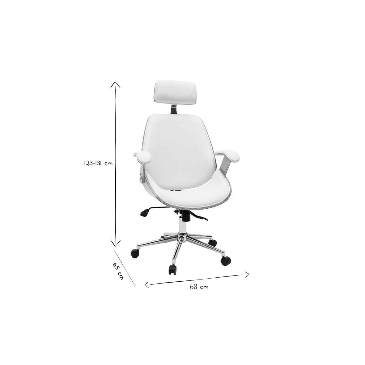 Fauteuil de bureau de direction design blanc, bois clair et acier chromé MUSK