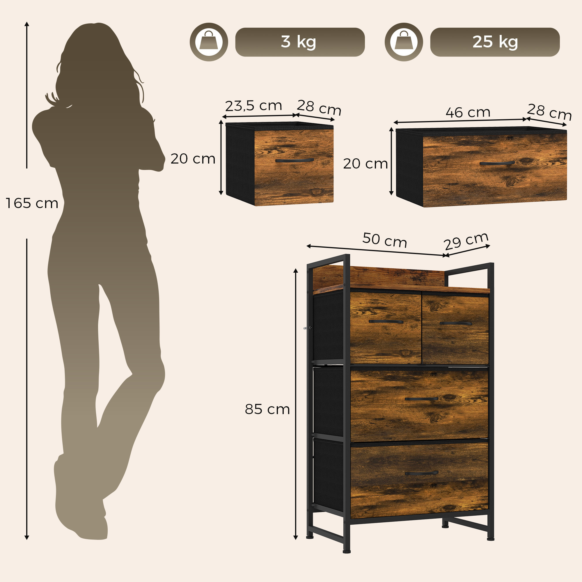 Mueble Organizador Cajonera de Tela con Cajones Plegables Estante Abierto y Marco de Acero Estilo Industrial para Salón Recibidor Dormitorio 60x29x85 cm Marrón Rústico
