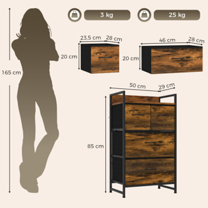 Mueble Organizador Cajonera de Tela con Cajones Plegables Estante Abierto y Marco de Acero Estilo Industrial para Salón Recibidor Dormitorio 60x29x85 cm Marrón Rústico