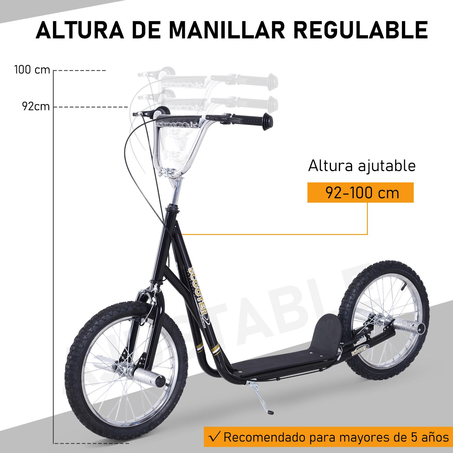 Patinete para Niños +5 Años con Neumáticos de 16'' y Manillar Ajustable Negro