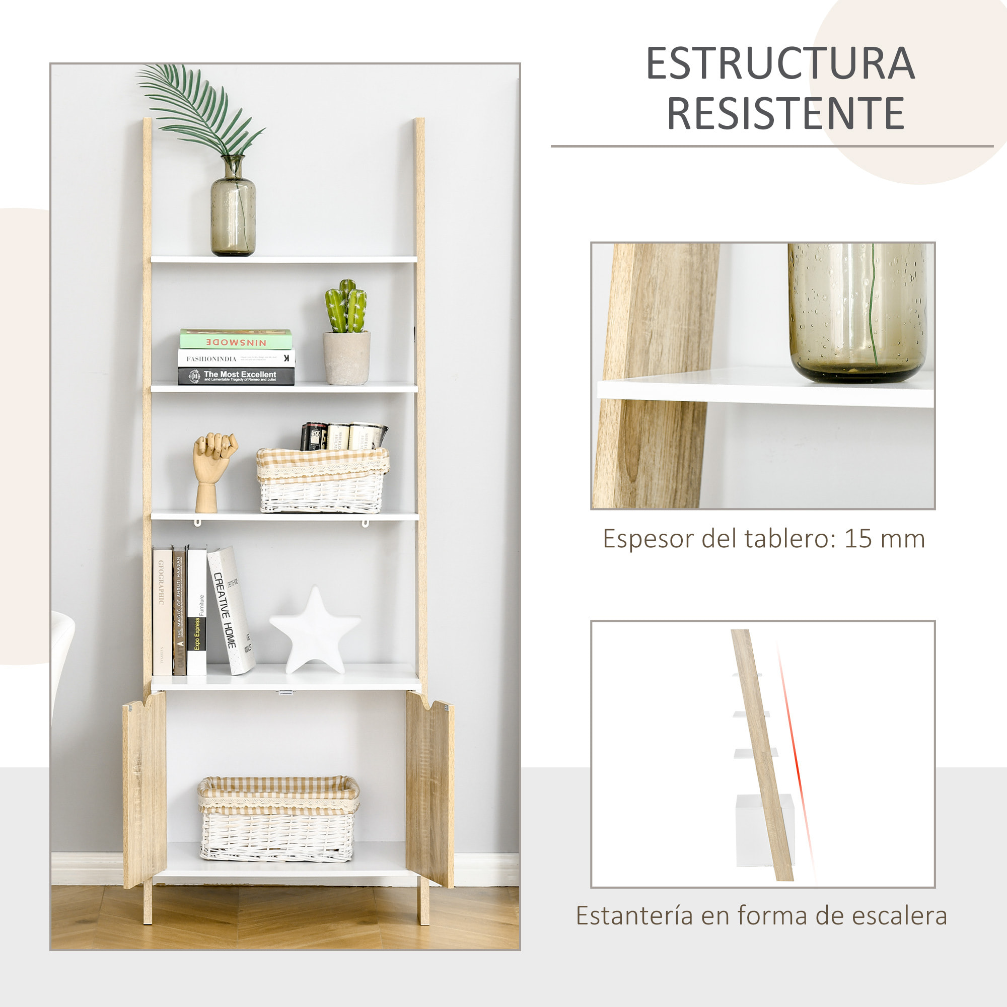 Conjunto para el Hogar Incluye 1 Mueble de TV para Televisiones hasta 50 Pulgadas 1 Aparador Auxiliar y 1 Estantería en Forma de Escalera Blanco y Natural